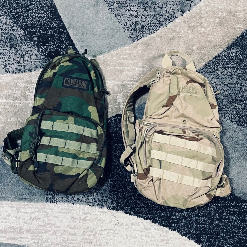 Lot of 2 CamelBak Hydration Pack OS Multi Camo Tactical M.U.L.E. Backpack As Is*
